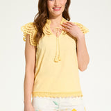 Brighten up your wardrobe with the FDJ Flutter Sleeve Placed Eyelet Top! This solid yellow top is sure to add a pop of colour to any outfit, making you look and feel cheery all day long. Don't miss out on this pretty piece.