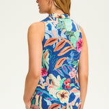 Flaunt your vibrant style with the FDJ Printed Eyelet Sleeveless Top. Made of 100% cotton, this top is both comfortable and chic. Its bright and cheery floral design adds a touch of playfulness to any outfit. Perfect for those who don't take themselves too seriously.