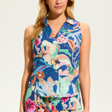 Flaunt your vibrant style with the FDJ Printed Eyelet Sleeveless Top. Made of 100% cotton, this top is both comfortable and chic. Its bright and cheery floral design adds a touch of playfulness to any outfit. Perfect for those who don't take themselves too seriously.