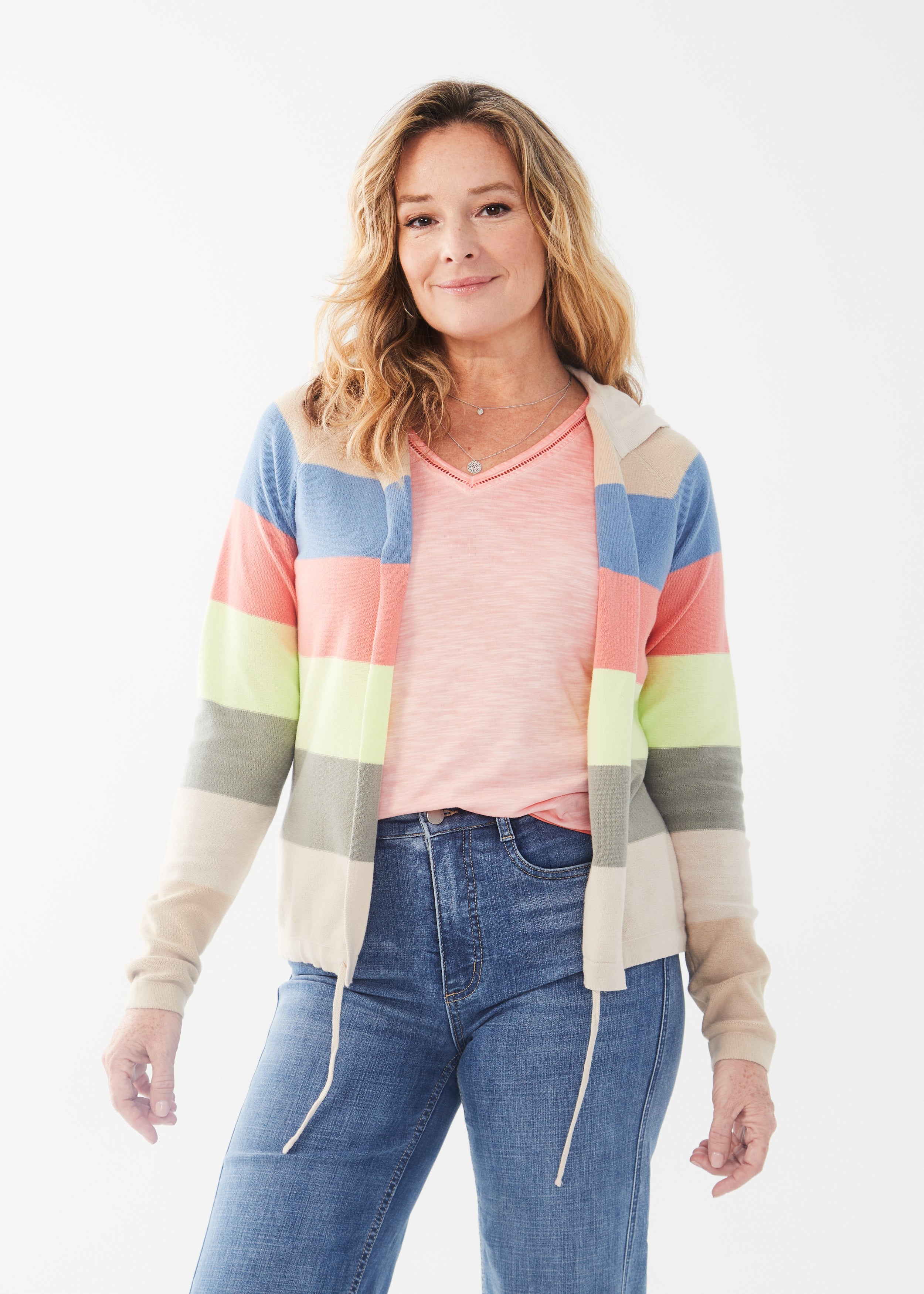 Stay cozy in style with the FDJ Striped Hooded Cardigan. Made with 100% cotton, this cardigan features a playful multi-coloured stripe design. Perfect for adding a pop of personality to any outfit!