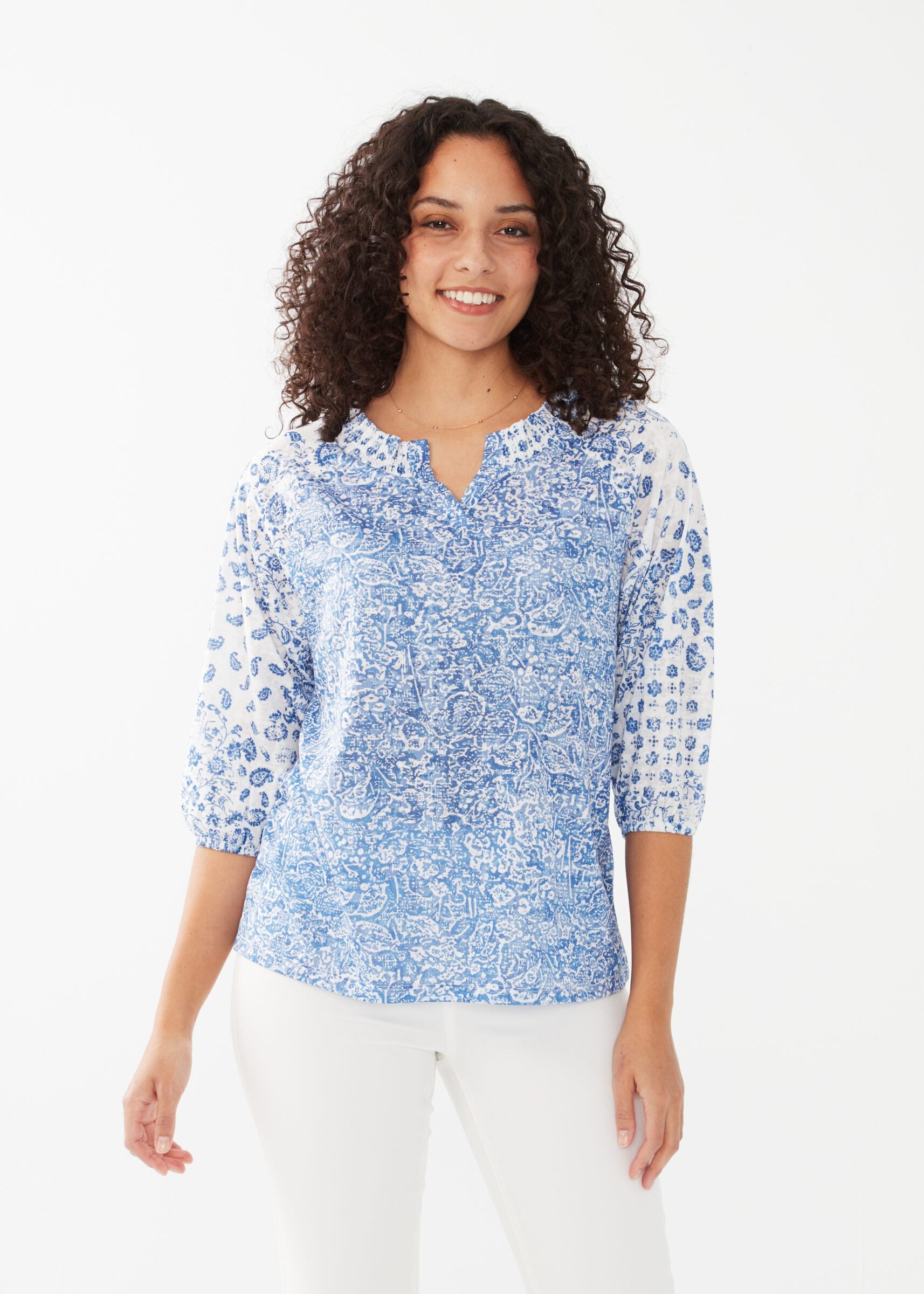 Experience the perfect blend of style and comfort with our FDJ V-neck Peasant Top. This 3/4 sleeve top features a unique and trendy v-neck design, perfect for everyday wear. Look effortlessly chic while feeling comfortable and confident.