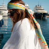 The style this season is to be fashionably sustainable! The fibers in this chic Paris inspired print have been recycled from plastic bottles. Try this versatile oversized square as a bold bandana, chic shawl, fashionable tie, or elegant headscarf. Pairs well with your favourite jeans, fashion dresses or work blazer. A fabulous fashion accessory that is Good for you. Good for the planet.