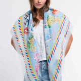 The style this season is to be fashionably sustainable! The fibers in this chic Paris inspired print have been recycled from plastic bottles. Try this versatile oversized square as a bold bandana, chic shawl, fashionable tie, or elegant headscarf. Pairs well with your favourite jeans, fashion dresses or work blazer. A fabulous fashion accessory that is Good for you. Good for the planet.