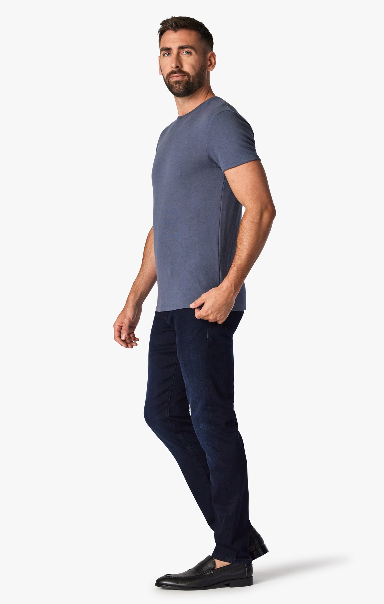 A classic, straight-leg jean in a high-rise fit. Stretchy, premium fabric with a dark, clean wash. Luxury, comfort, sophistication and style that can transition from day to night when paired with a classic sports coat.