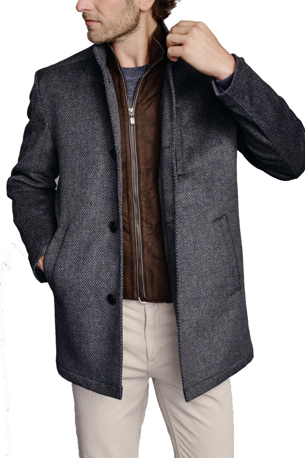 Experience style and functionality with the Johnston & Murphy Upton Car Coat. Features include a button front, a removable faux suede quilted bib for added warmth, and multiple pockets for convenience. The interior quilted lining adds both comfort and practicality. Upgrade your winter wardrobe today!