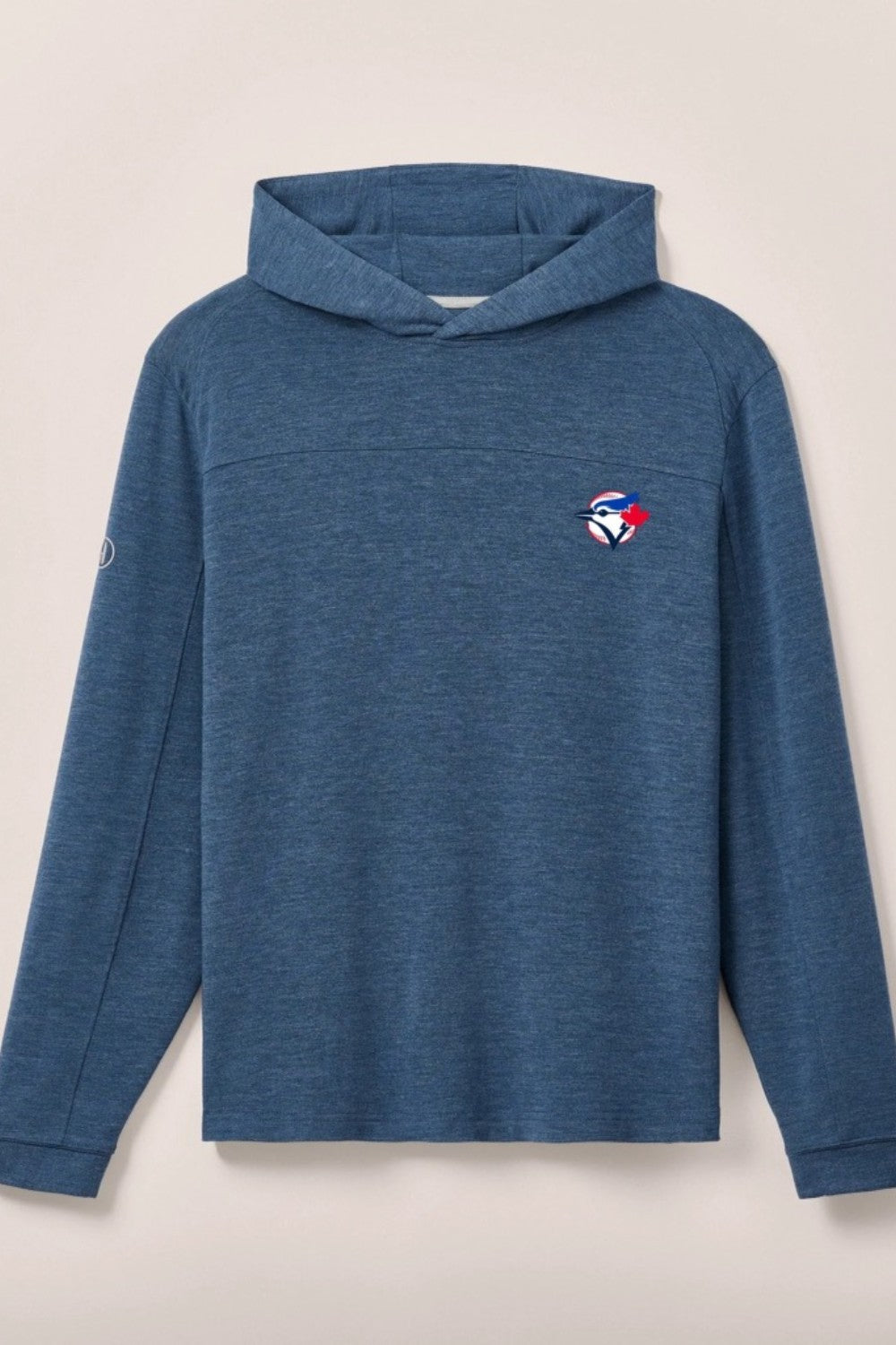 Blue hoodie with a logo on the chest against a light background