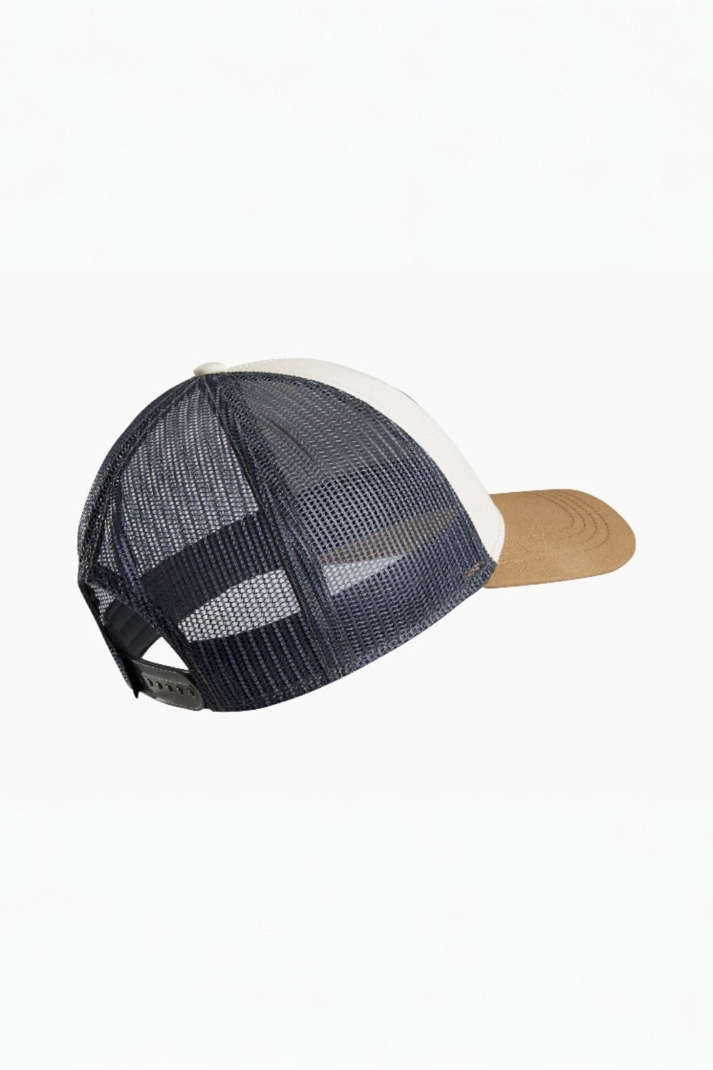 Trucker hat with mesh back and cork brim on a white background