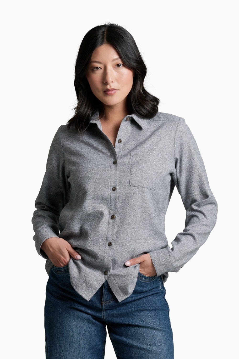 Featuring our double-brushed, ultra-soft flannel and a relaxed, feminine fit, the WHISPER delivers everyday comfort and warmth to any occasion. A dropped shirttail hemline and an oversized chest pocket provide an effortless, casual look that adapts to work or play, indoors or out.