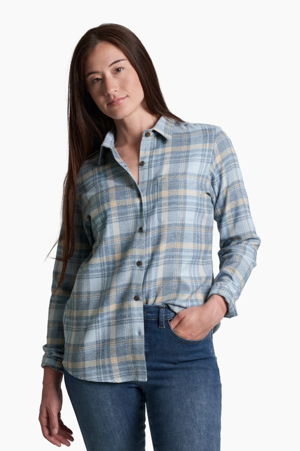 Featuring our double-brushed, ultra-soft flannel and a relaxed, feminine fit, the WHISPER delivers everyday comfort and warmth to any occasion. A dropped shirttail hemline and an oversized chest pocket provide an effortless, casual look that adapts to work or play, indoors or out.