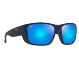 Sunglasses with blue reflective lenses and black frame on a white background