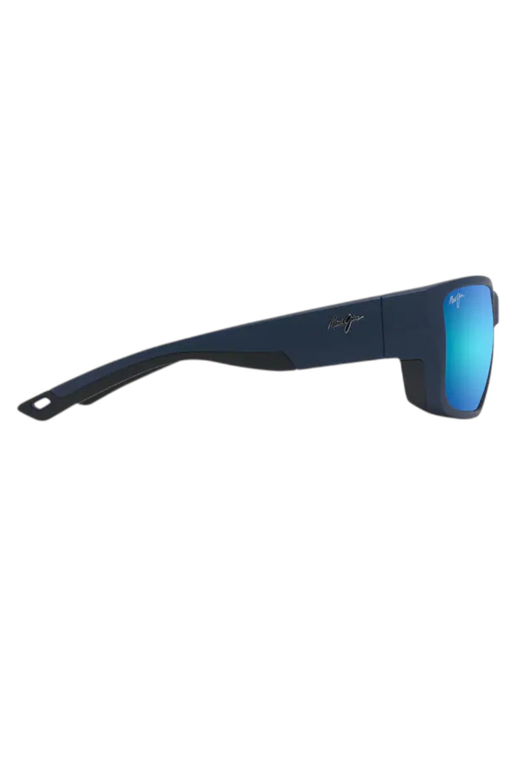 Blue sunglasses with a reflective lens on a white background