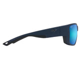Blue sunglasses with a reflective lens on a white background