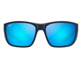 Blue sunglasses with black frame on a white background