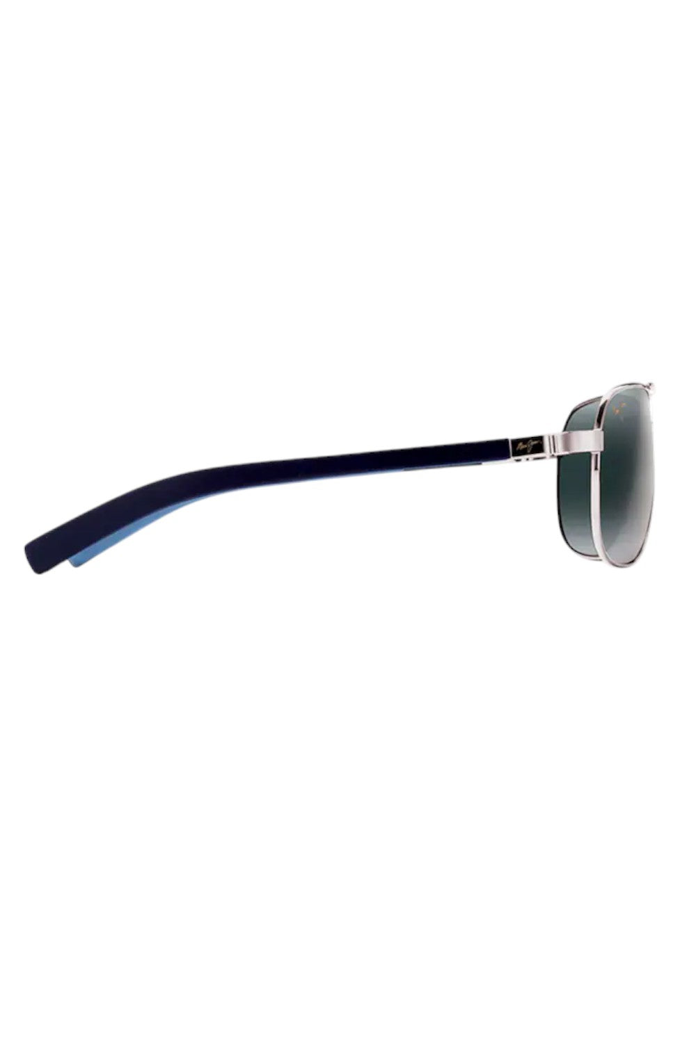 Sunglasses with a black frame and reflective lenses on a white background