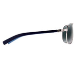 Sunglasses with a black frame and reflective lenses on a white background