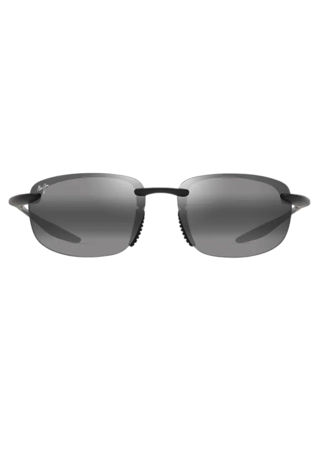 Sunglasses with black frame and gray lenses on a white background
