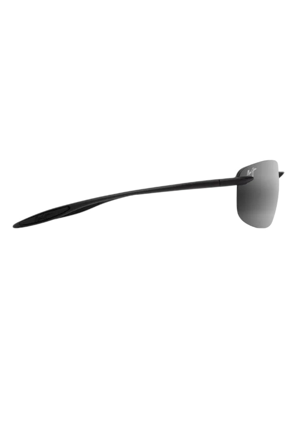 Sunglasses with a black frame and reflective lenses on a white background