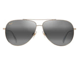 Aviator sunglasses with gold frame and dark gradient lenses on a white background