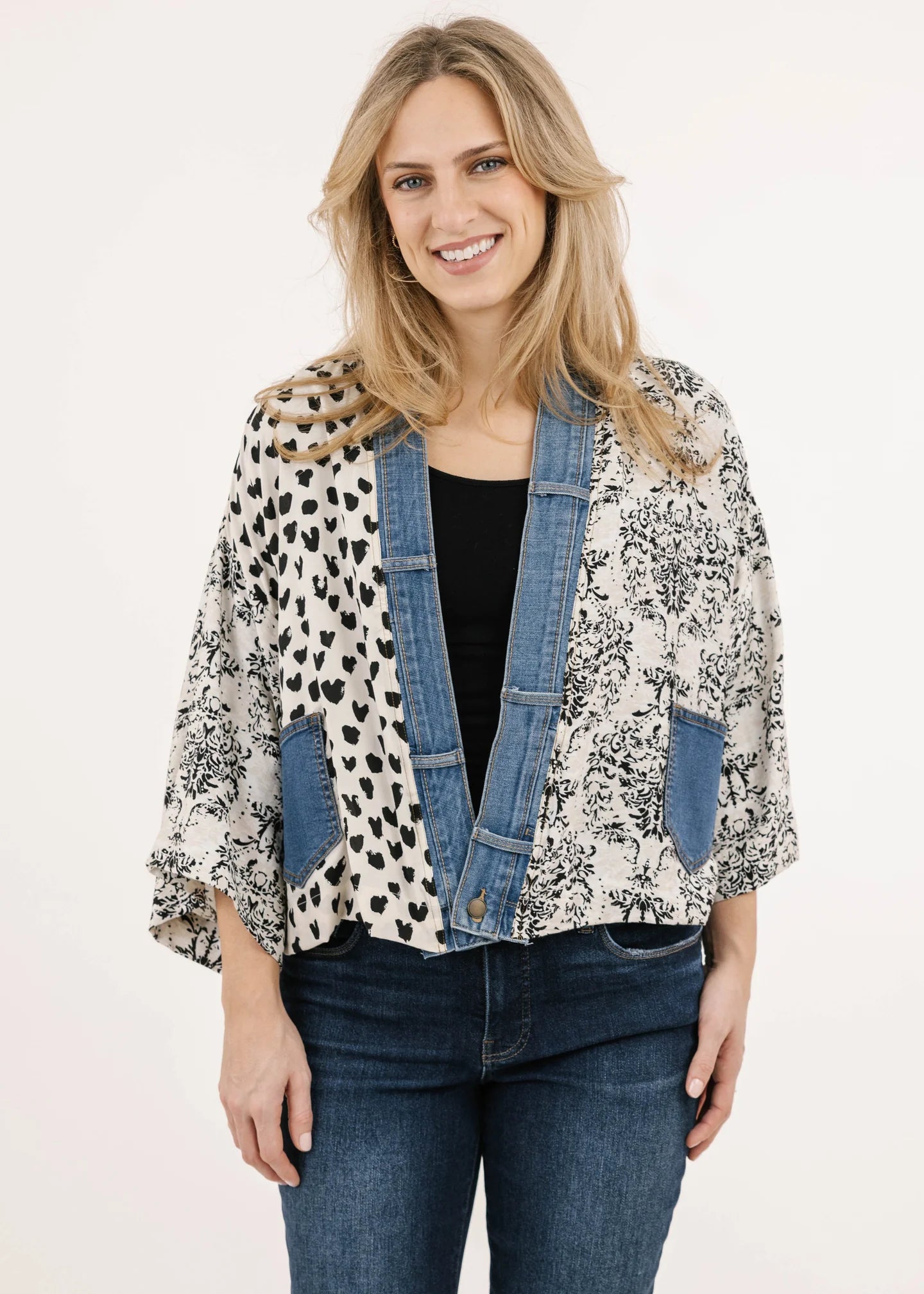 Make a statement with our Karol Cardigan. With the elegant prints made with care by our woman’s co-op in Thailand and our deconstructed vintage upcycled denim, you’ll have all eyes on you.