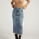 Meet your staple denim skirt for spring and beyond. Our medium wash midi cargo skirt is the perfect statement piece, dressed up or down. With side cargo pockets and a back slit, this is a skirt you'll love wearing everywhere.