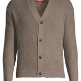 Brown cardigan with a Union Jack label on a white background