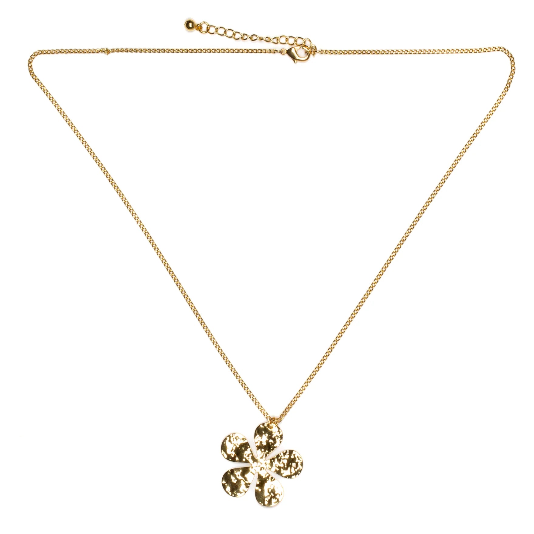 Add a touch of whimsy to your wardrobe with our Hammered Flower Pendant On Chain. The gold plating adds a touch of elegance while the delicate floral design brings a touch of playfulness.