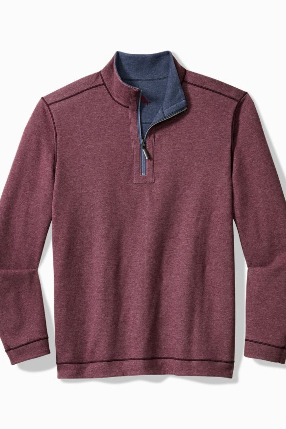 Maroon pullover with blue collar on a white background