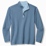 Blue pullover with a contrasting collar on a white background