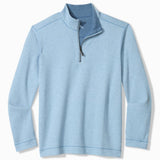 Light blue pullover with a quarter zip on a white background