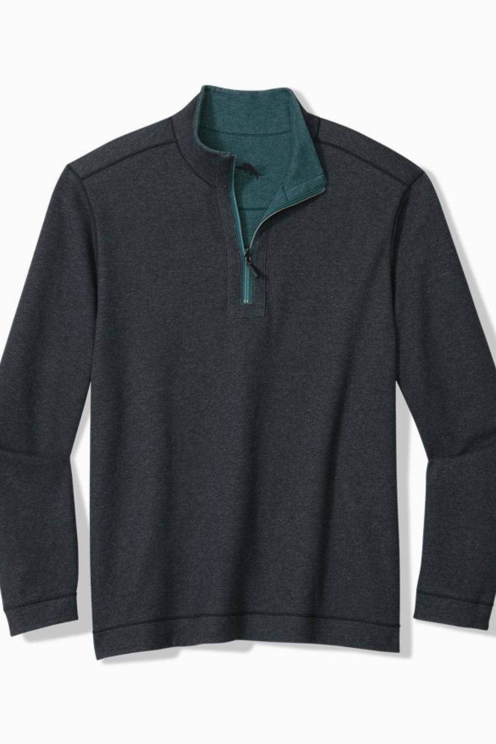 Dark gray pullover with green collar on a white background