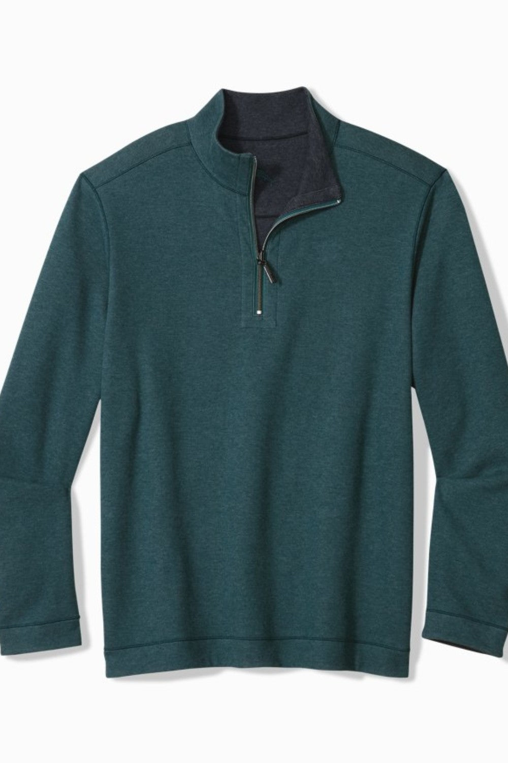Teal pullover with a quarter zip on a white background