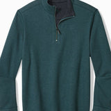 Teal pullover with a quarter zip on a white background