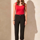 Top up your collection with this pair of stretch-infused twill pants featuring a chic capri cut, a 24'' inseam, and a high rise fit. Functional back pockets paired with marbled buttons make this pair a must-have.