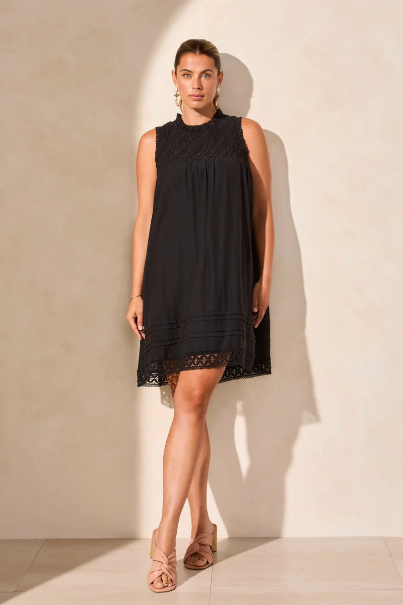 Infuse your style with simple poise in this sleek sleeveless dress, featuring delicate detailing along the yoke. Rushing on the front and back panels creates a flattering silhouette, while an interior lining ensures comfortable coverage. Side seam pockets offer a convenient spot for your phone and other essentials.
