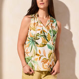 A playful frill enhances the notch neckline of this cool sleeveless top, while a tropical pattern brings a fresh touch. Crafted from breathable linen-blend fabric, it keeps you cool and provides a comfortably soft feel.