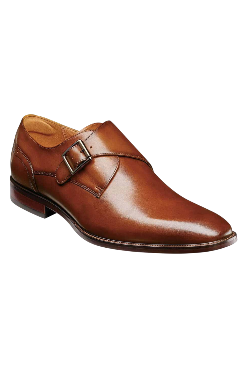 The Florsheim Sorrento Plain Toe Single Monk Strap features a rich leather upper with an elegant buckle and a sleek silhouette. The convenience of a slip on is further enhanced by the comfort of its fully cushioned leather covered footbed and soft leather linings.