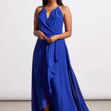  Cut from floaty chiffon fabric, this maxi dress will leave you feeling light as a cloud. We can't get enough of the keyhole neckline that transitions into a surplice bodice, the solid color, sleeveless construction, lined interior, and floor-length silhouette.