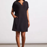 Styled with an airy fit and textured knit fabric, this shift dress is a comfy choice that's still endlessly chic. A notch neckline, short sleeve design, side seam pockets, and a hem that hits above the knees complete the look.