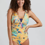 Spotlight your striking pool-side style in this tankini top rocking a reversible design.