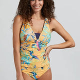Spotlight your striking pool-side style in this tankini top rocking a reversible design. 