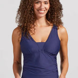 Spotlight your striking pool-side style in this tankini top rocking a reversible design.