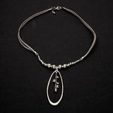 Suzie Blue Silver Plate Oval Beaded Pendant Necklace on Suede