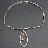 Suzie Blue Silver Plate Oval Beaded Pendant Necklace on Suede