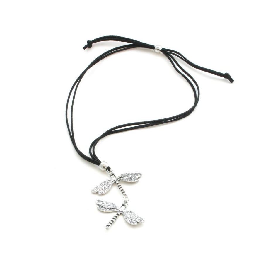 Suzie Blue Double Dragonfly Necklace on Suede.