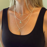 Suzie Blue Triple Strand Moon Necklace in Silver Plate
