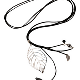 Suzie Blue Long Leaf Pendant on Suede with Charms.