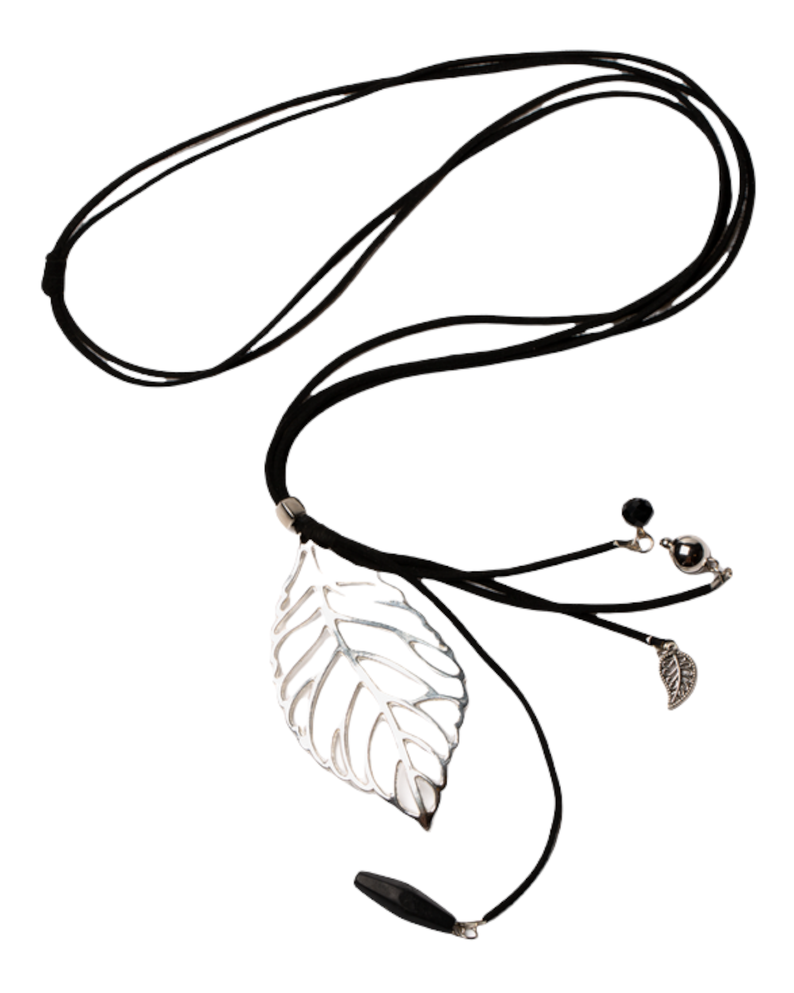 Suzie Blue Long Leaf Pendant on Suede with Charms.