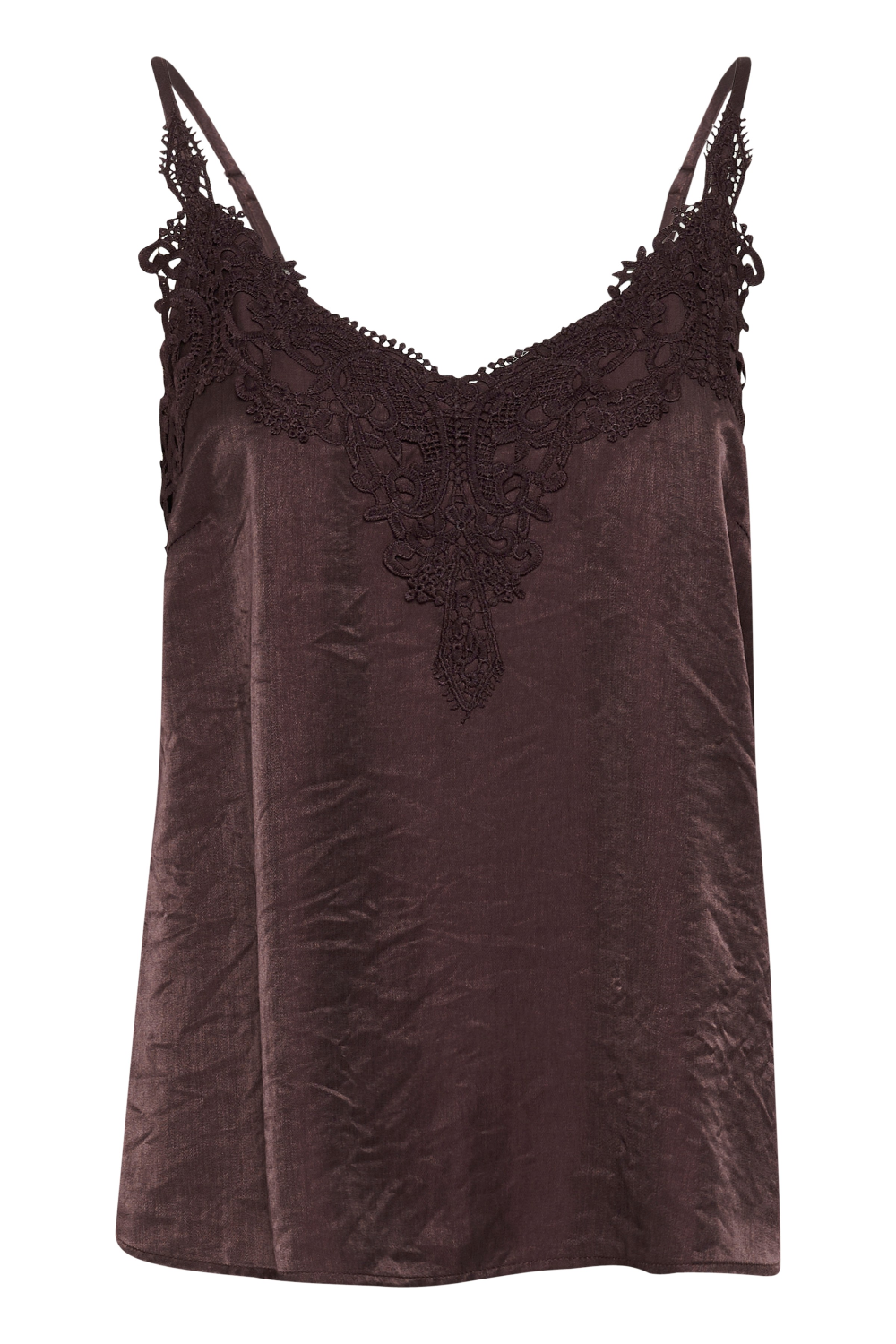 Brown camisole with lace detail at neckline photographed on a light backdrop.