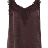 Brown camisole with lace detail at neckline photographed on a light backdrop.