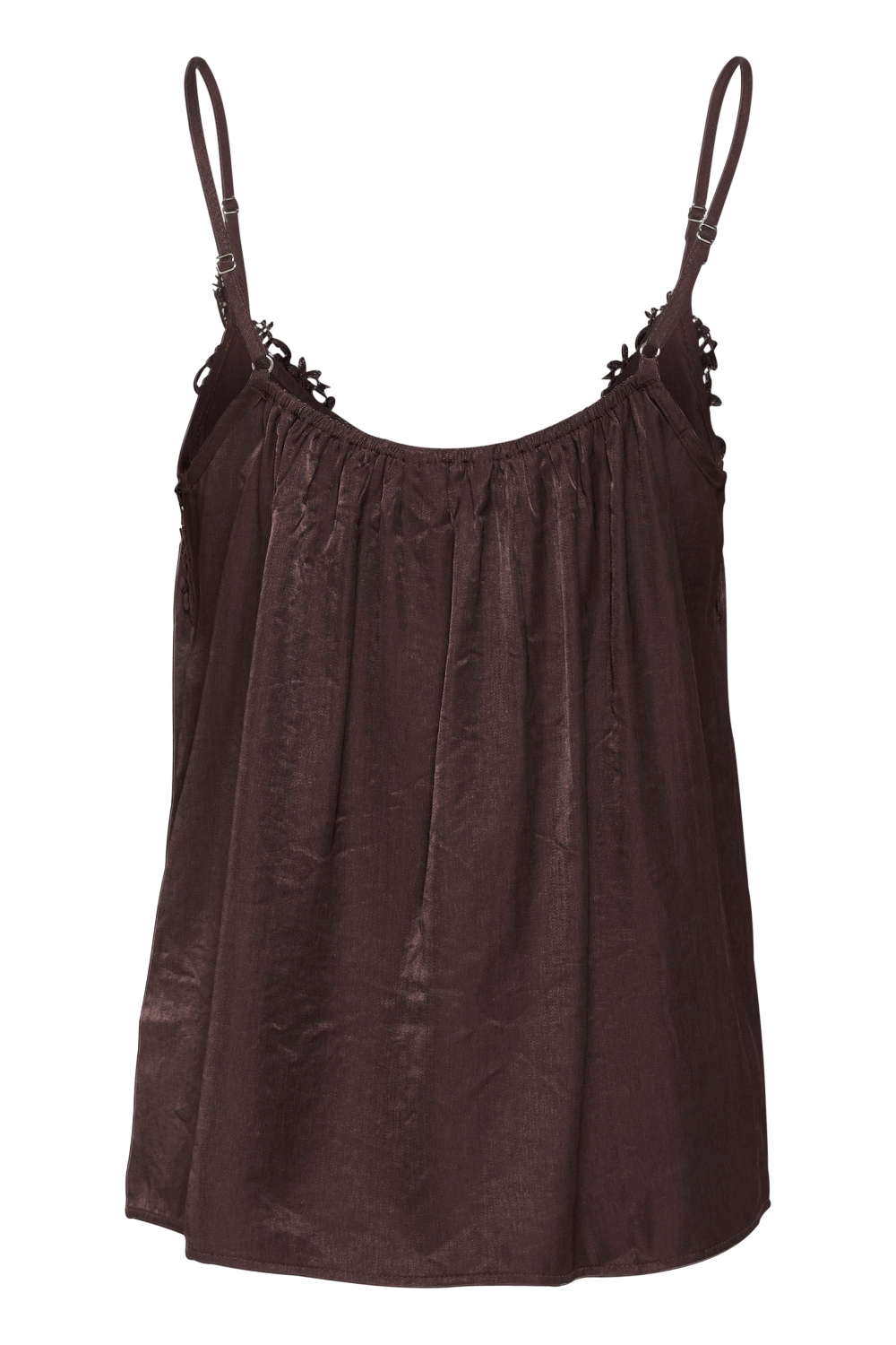 Back of a brown camisole photographed on a light backdrop.